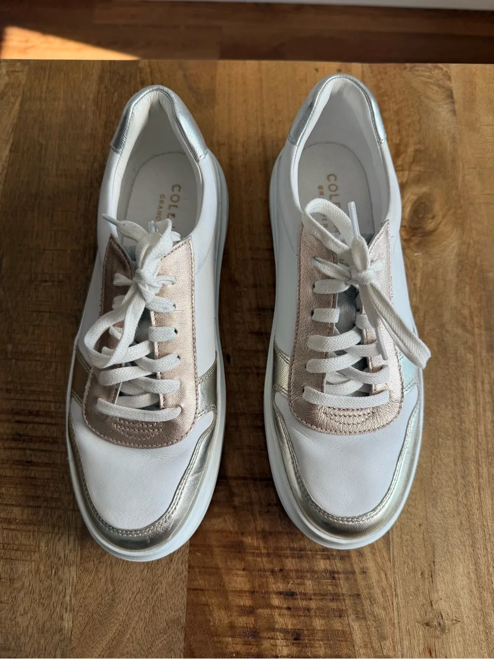 Cole Haan Grandpro White Leather Sneakers with Metallic Accents